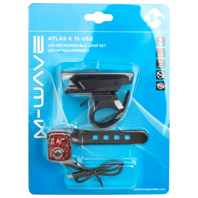 M-WAVE Atlas K 15 USB genopladeligt batteri-belysningssæt - Cykellygte