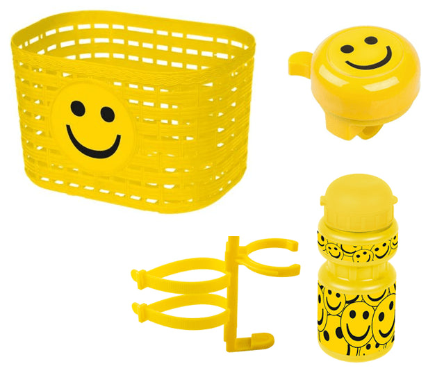 Cykelkurv + ringeklokke + flaske m. holder med smileys