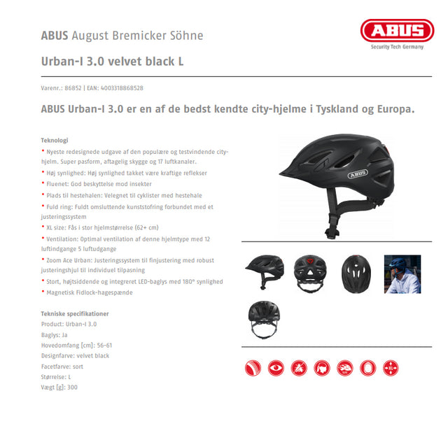 Abus Urban-I 3.0 polar white cykelhjelm m. LED-baglygte
