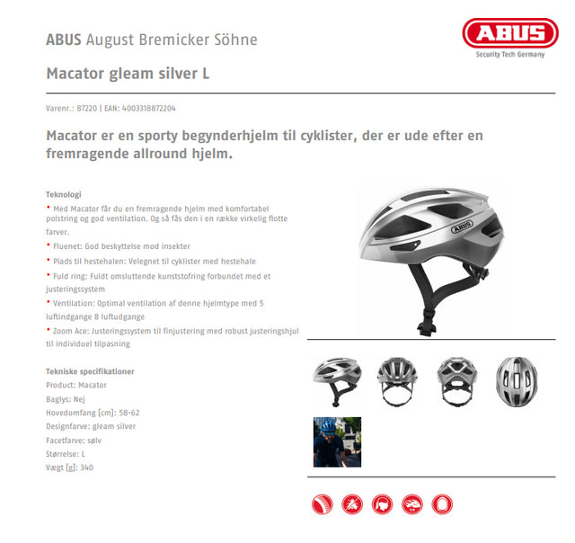 Macator gleam silver Fra Abus Cykelhjelm
