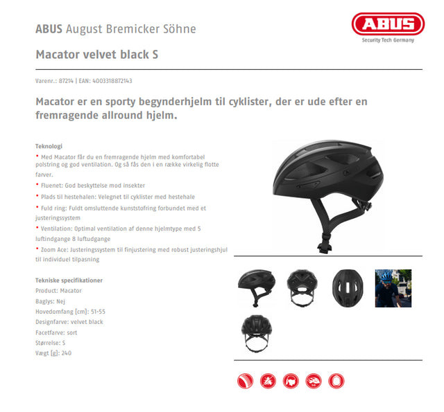 Macator velvet blackFra Abus Cykelhjelm