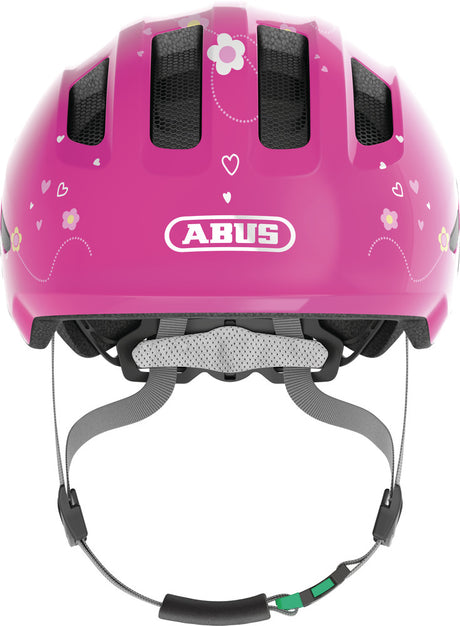 Abus Smiley 3.0 SE pink butterfly - grønt spænde - børne cykelhjelm