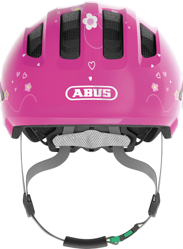 Abus Smiley 3.0 SE pink butterfly - grønt spænde - børne cykelhjelm