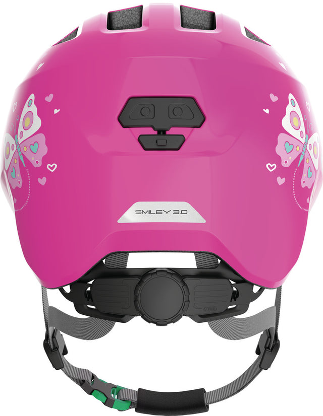Abus Smiley 3.0 SE pink butterfly - grønt spænde - børne cykelhjelm