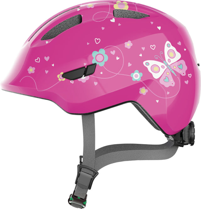 Abus Smiley 3.0 SE pink butterfly - grønt spænde - børne cykelhjelm