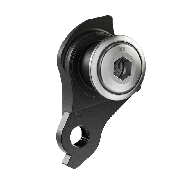 SRAM Universal Derailleur Hanger UDH i sølvfarvet aluminium, set skråt