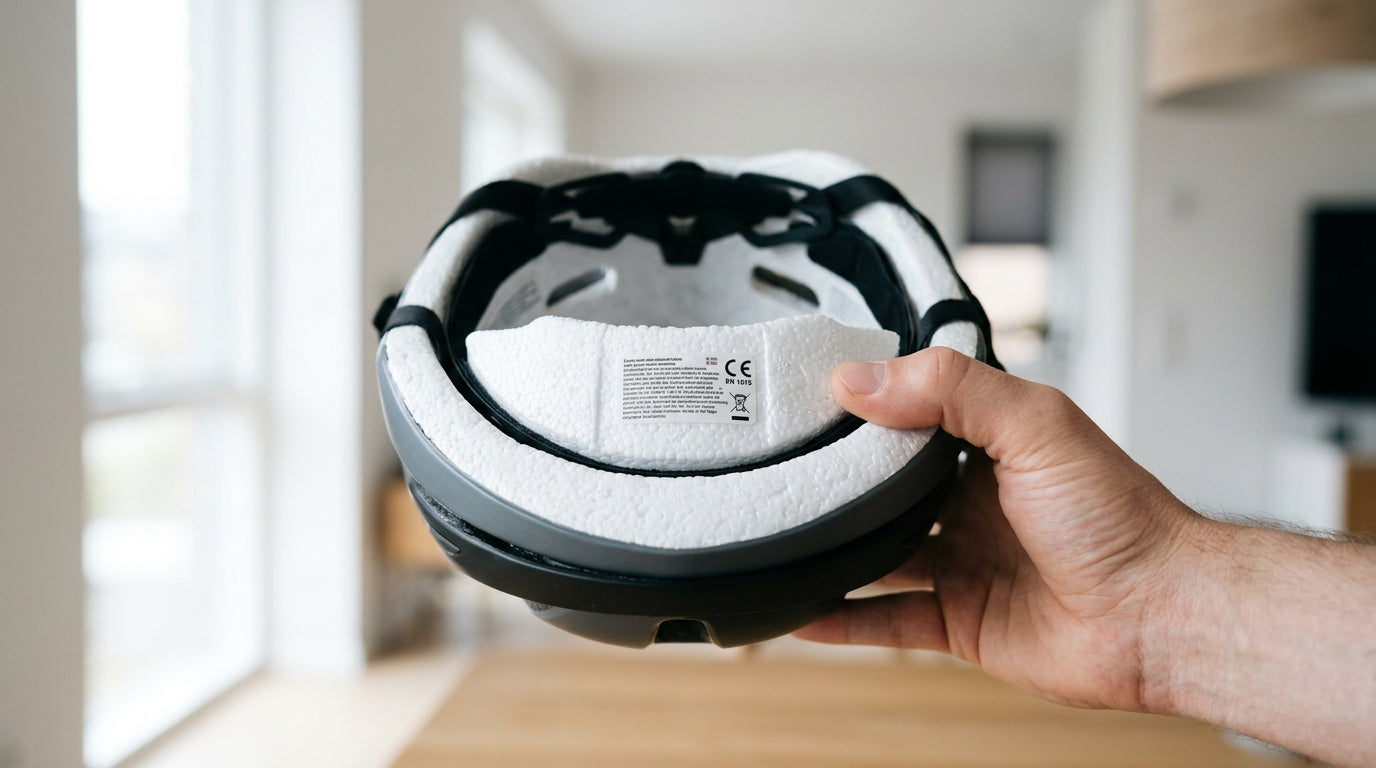 Cykelhjelmens inderside med EPS-skum og synlig CE- og EN 1078-sikkerhedslabel