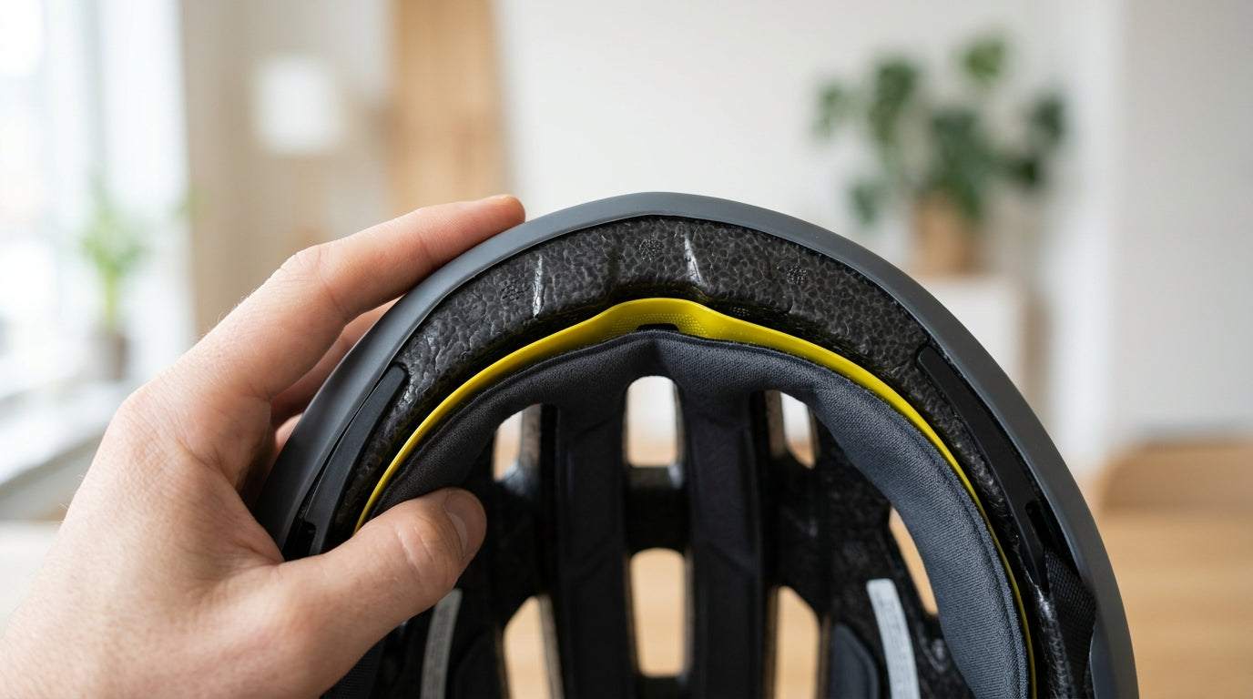 Cykelhjelmens inderside med det gule MIPS-lavfriktionslag synligt