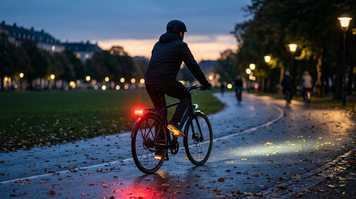 Cyklist med tændt rød baglygte og forlygte på en våd dansk cykelsti i skumringen