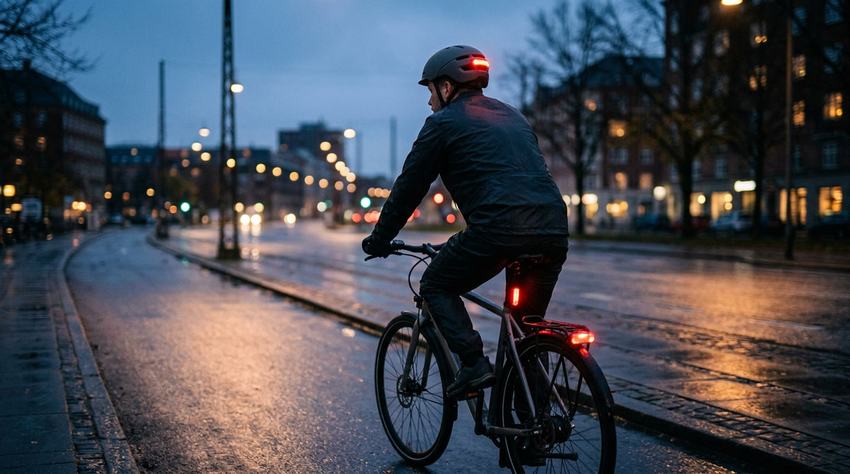Cyklist med cykelhjelm med tændt LED-baglys på en våd cykelsti i mørke