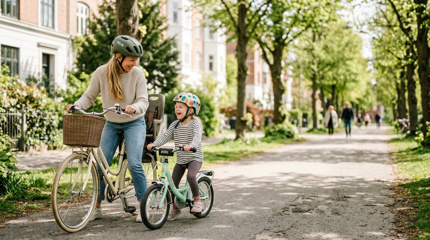 Mor og barn på cykler med cykelhjelm på en grøn dansk vej