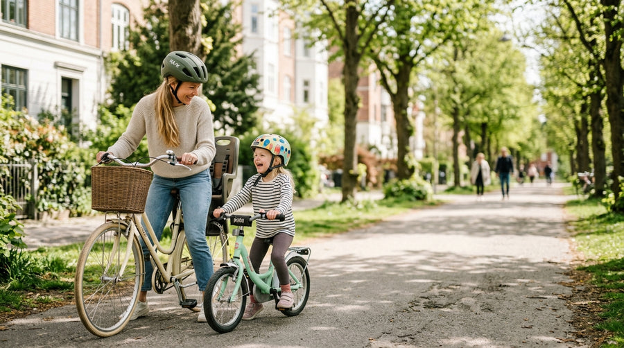 Mor og barn på cykler med cykelhjelm på en grøn dansk vej