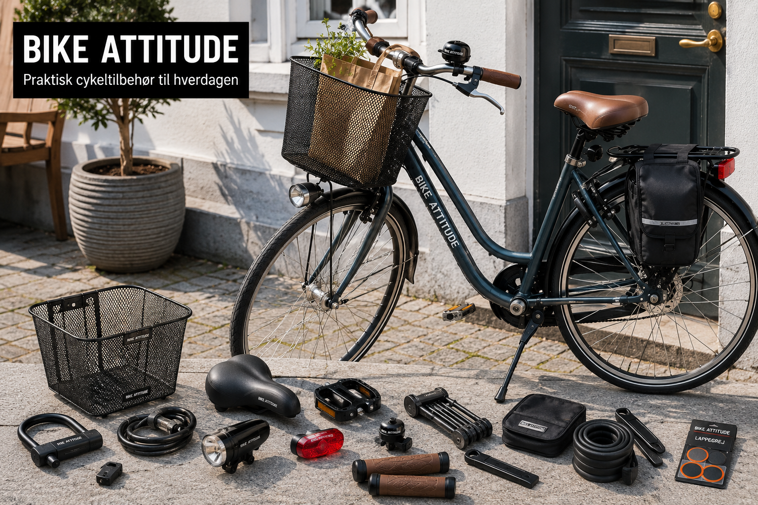 Hverdagscykel med Bike Attitude-kurv, lygter, låse, sadel og andet cykeltilbehør
