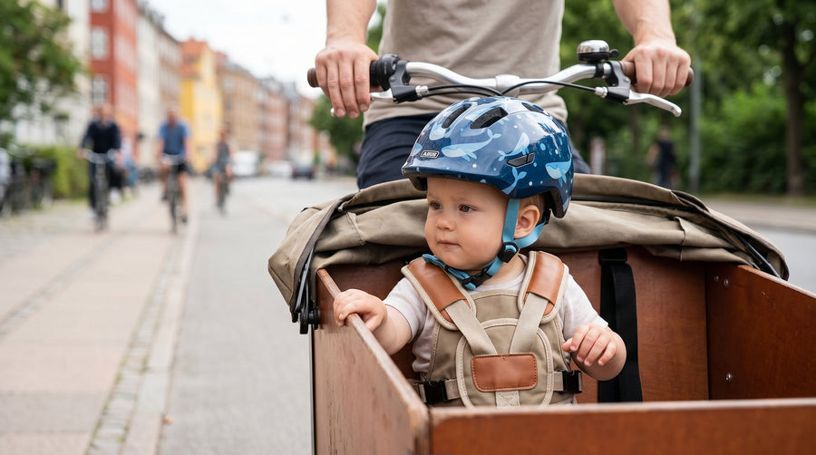 Baby med blå Abus Smiley cykelhjelm fastspændt i ladcykel — dansk by, far cykler