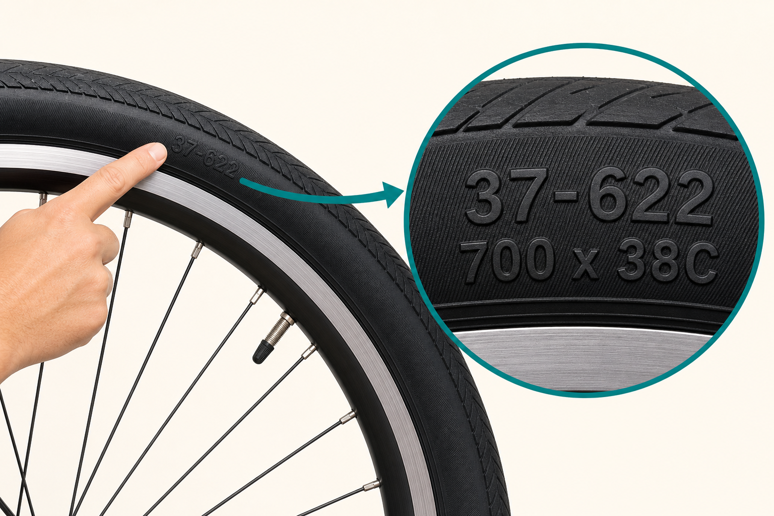 Find cykelslangens størrelse på dæksiden – eksempel 37-622 og 700 x 38C