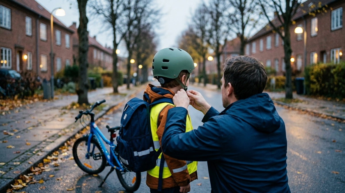 Forælder justerer hageremmen på et barns cykelhjelm på en villavej en efterårsmorgen