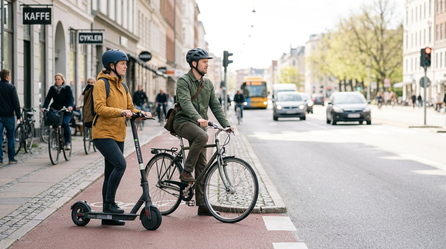 El-løbehjul-rytter og cyklist med cykelhjelm på en københavnsk gade