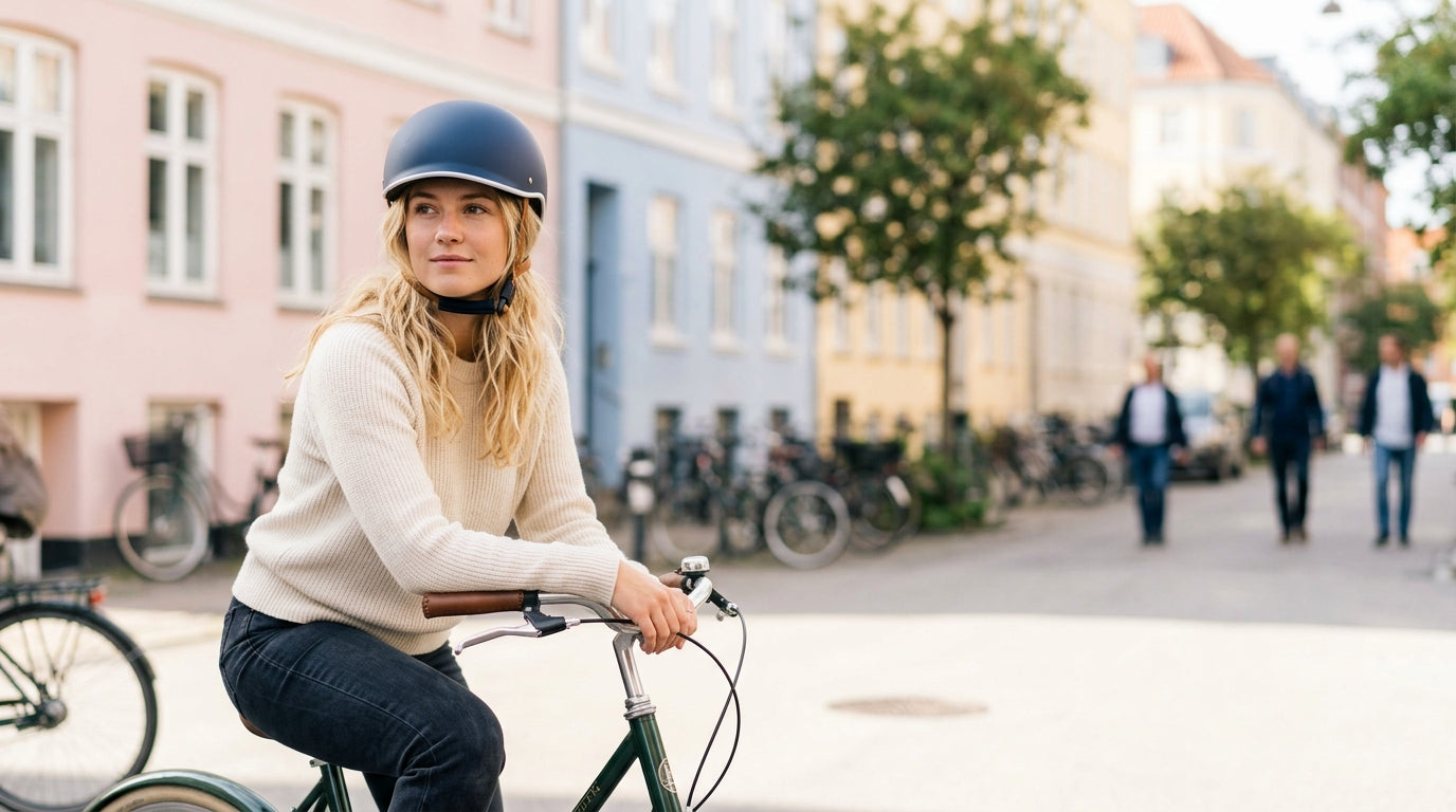Kvinde på citybike i København med mat navy skaterhjelm