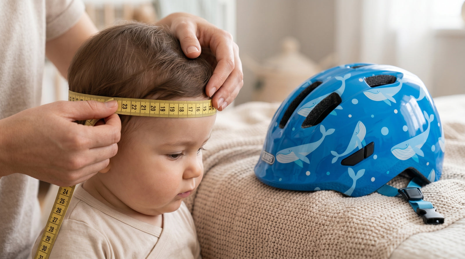 Forælder måler baby's hovedomkreds med målebånd ved siden af blå Abus Smiley cykelhjelm
