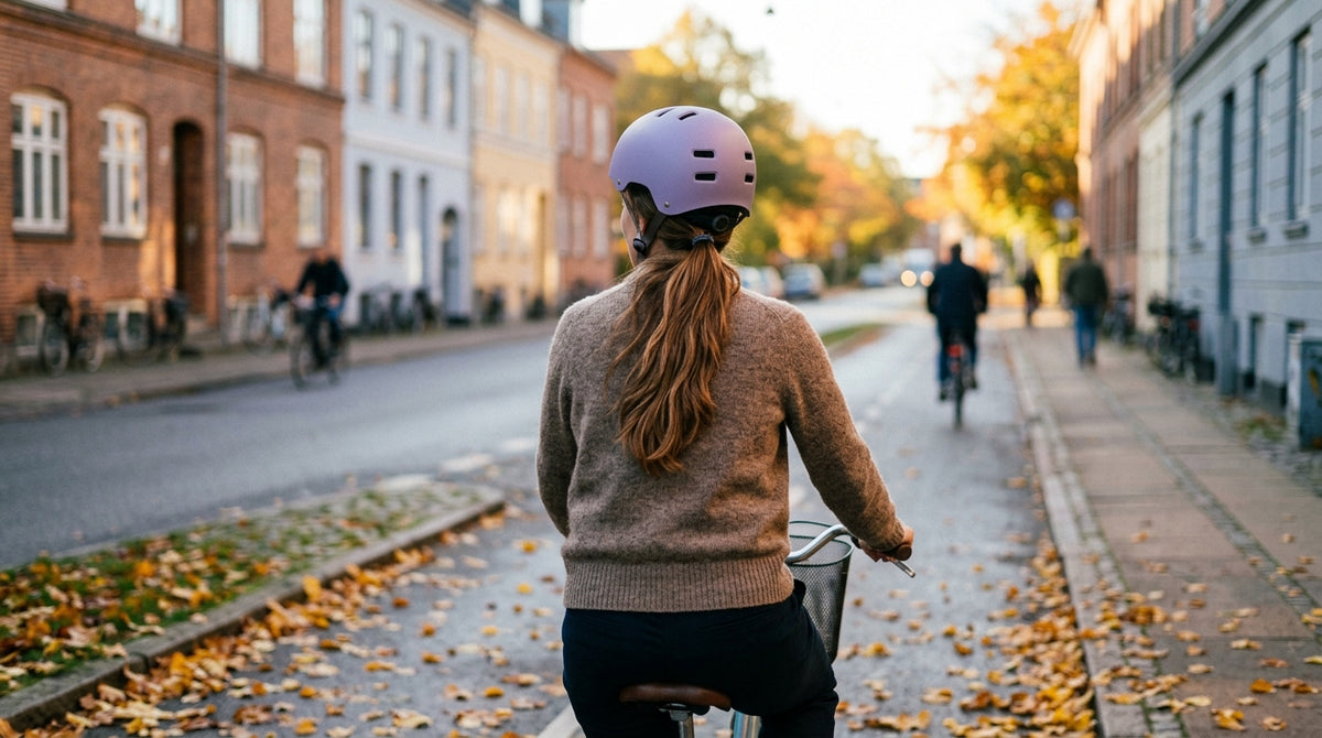 Kvinde med hestehale og lys cykelhjelm set bagfra på cykel i dansk by en efterårsmorgen