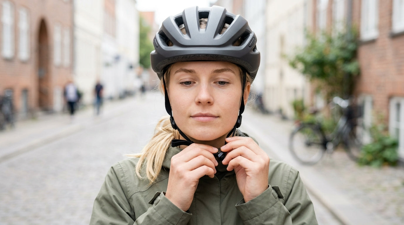 Kvinde spænder hageremmen på sin cykelhjelm, som sidder vandret på panden