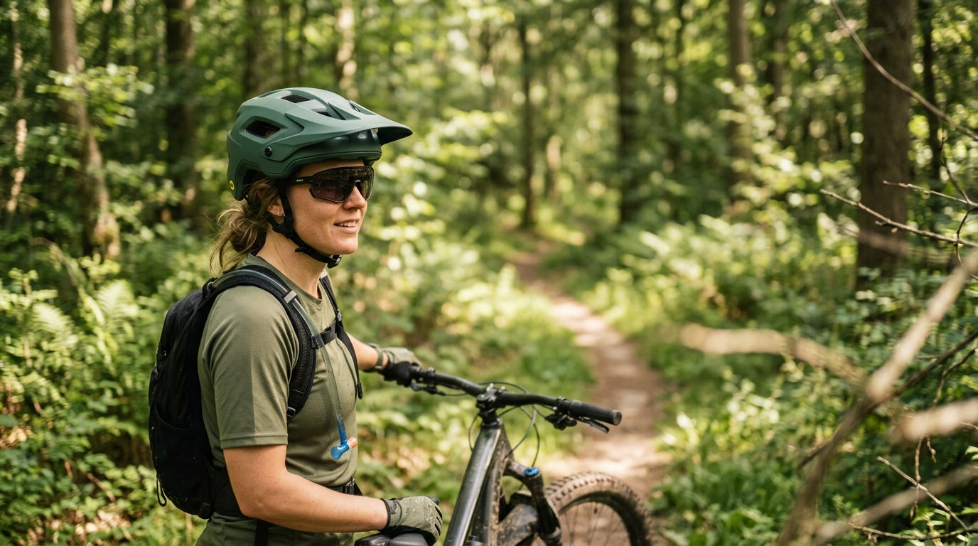 Mountainbiker på skovsti med mat grøn trail-MTB-hjelm med visir