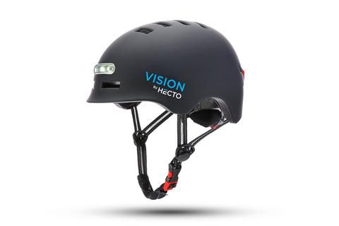 Mat sort Hecto-cykelhjelm med visir og lys bagpå set fra siden