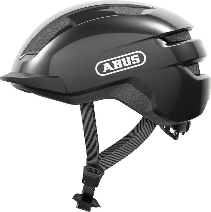 Grå Abus-cykelhjelm med dyb bagkant og logo på siden set fra siden